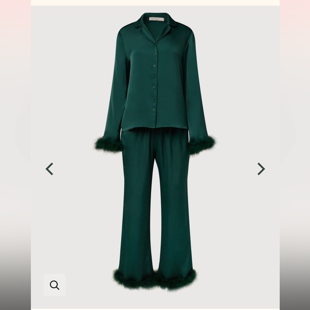 Rachel Parcell emerald green pajamas with 100% ostrich feather trim